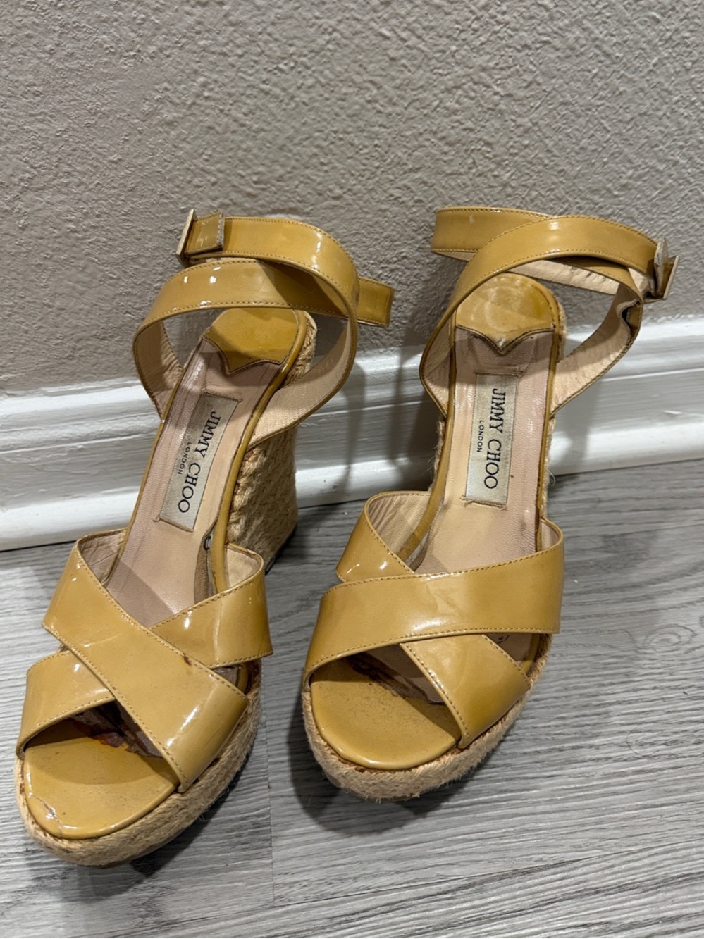 Jimmy Choo Mustard Patent Leather Wedge Sandals